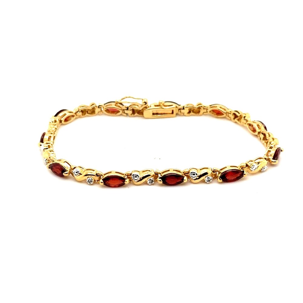 Gold Tone Red Marquise Garnet Crystal Accent Tennis Link Bracelet 7.75"